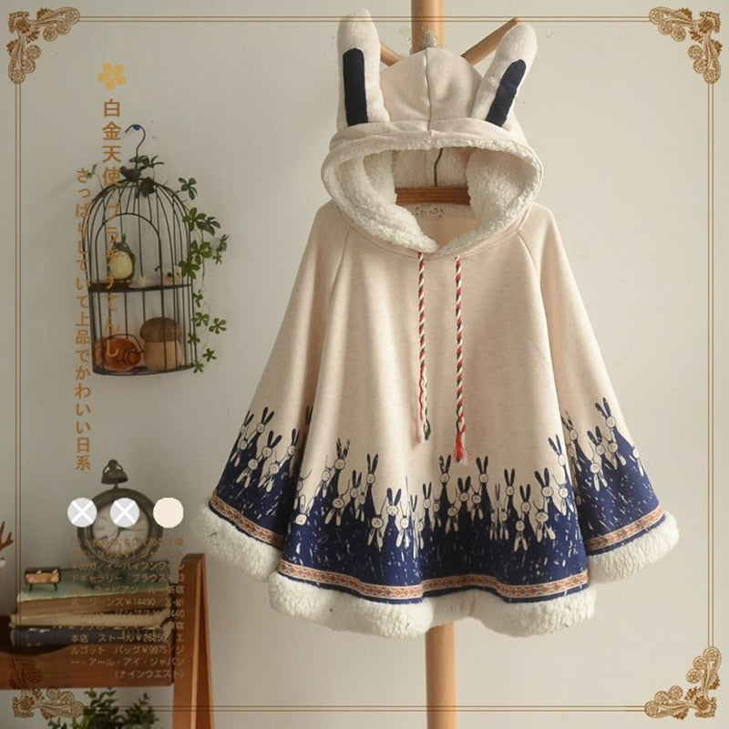 Sixsr Lolita Cloak Harajuku Hoody Cloak Japanese Angry Cat Christmas Deer Fleece Cape Loose Pullover Batwing Sleeve Hoodie Coat