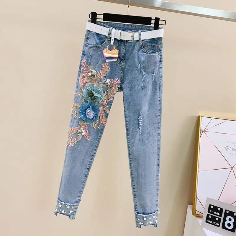 Sixsr One-Piece/Set Summer New Women Denim Pants Beaded Embroidery Short-Sleeved + Small Feet Hole Jeans Female Two-Piece Suit425
