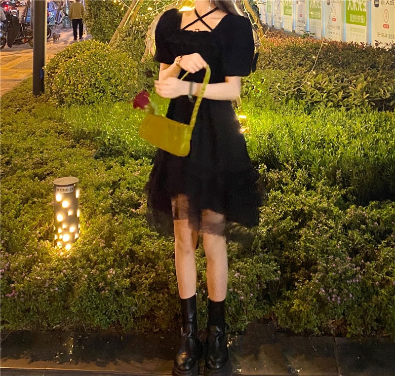 Sixsr New Gothic Women Black Fairy Party Dress Cross Square Collar Lolita Princess Irregular Dress Cute Kawaii Lace Ruffles Chic Dress