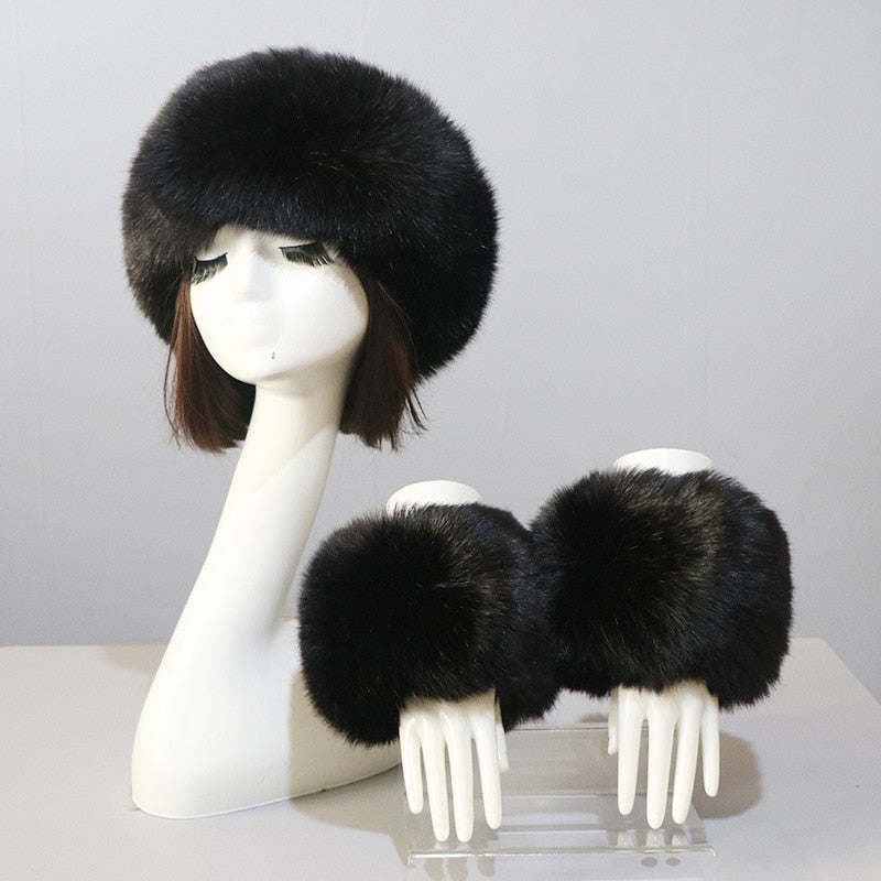 Sixsr New Autumn Winter Caps Female Hats Cuffs Set Fashion Warmth Imitation Quality Design Faux Fur Hat Fox Fur Sleeves Suit Accessary