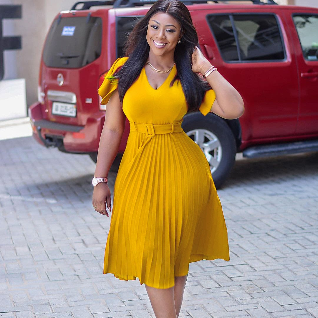 Sixsr Women Pleated Dresses High Waist Short Sleeves A Line Modest African Office Ladies Work Wear Date Elegant Classy Robes Vestidos