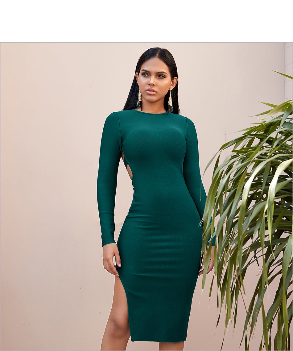 Sixsr New Winter Long Sleeve Green Runway Bandage Dress Women Sexy Hollow Out Backless Club Celebrity Evening Party Dresses