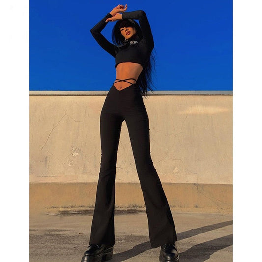 sixsr  Fashion Trends Cyber Y2k Flare Pants E Girl Style Sexy Strechy Trousers Women Lace Up V Waist Low Rise Harajuku Black Pants C85-BB22
