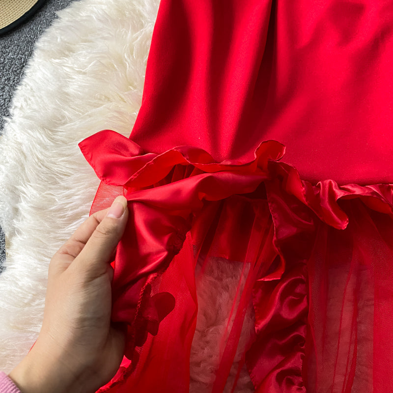 Sixsr Trends  high quality Women Spaghetti Strap Sexy Dress Strapless Bodycon Slim Red Dinner Party Dresses Mesh Patchwork Female Summer Long Dress