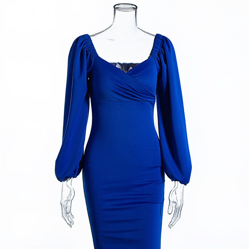 sixsr Midi Night Dress Women Long Puff Sleeve A-LINE Ruffled Backless Bodycon Sexy Dress Autumn Winter Elegant Office Lady Prom