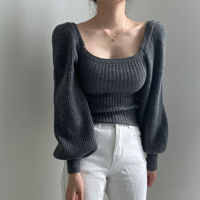 Knitted Women's Sweater Vintage Pullover Long Puff Sleeve Pink Square Neck Top Korean Fashion Style Autumn Winter Clothing