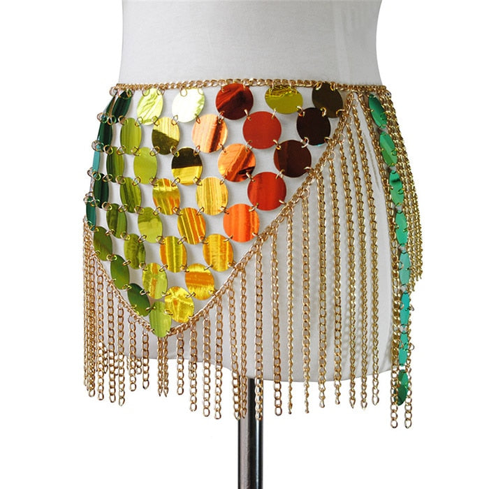 Sixsr Trends Fashion Gradient Color Shiny Sequins Dots Two Piece Set Low Cut Backless Sleeveless Crop Tops Tassel Mini Skirt Sexy Beach Outfits
