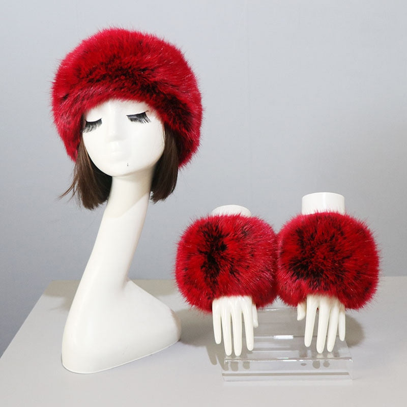 Sixsr New Autumn Winter Caps Female Hats Cuffs Set Fashion Warmth Imitation Quality Design Faux Fur Hat Fox Fur Sleeves Suit Accessary