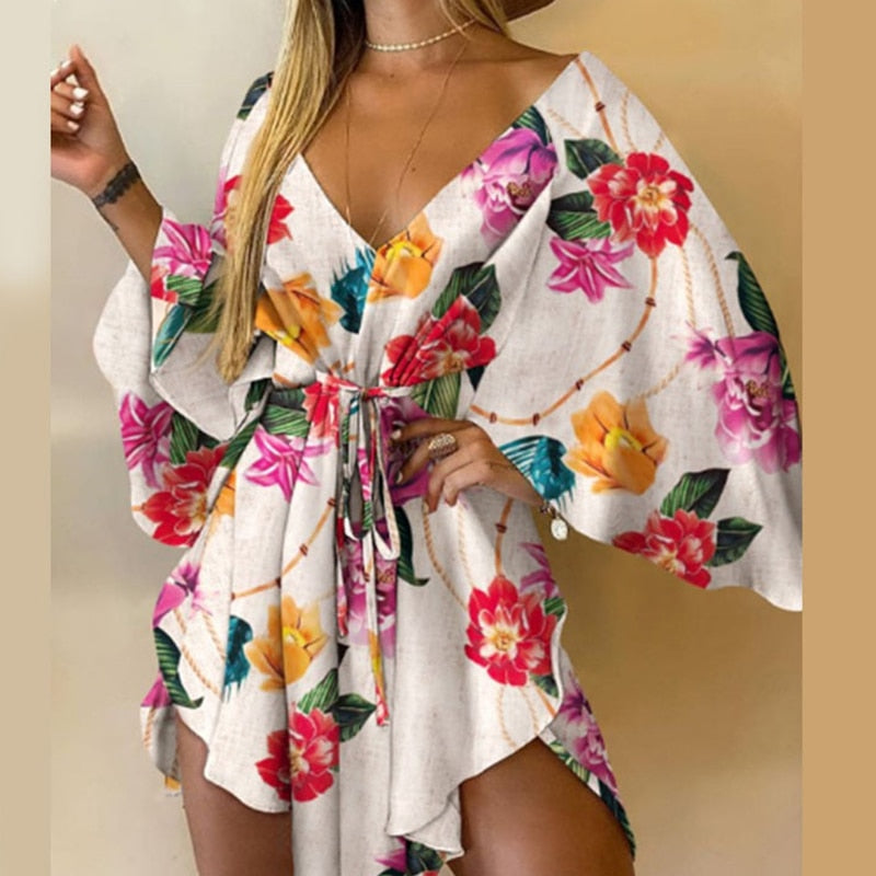 sixsr Summer Outfits Casual Leaf Leopard Print Harajuku Batwing Sleeve Dress Lady Elegant Lace-Up Irregular Party Dress Sexy V-Neck Women Mini Dress