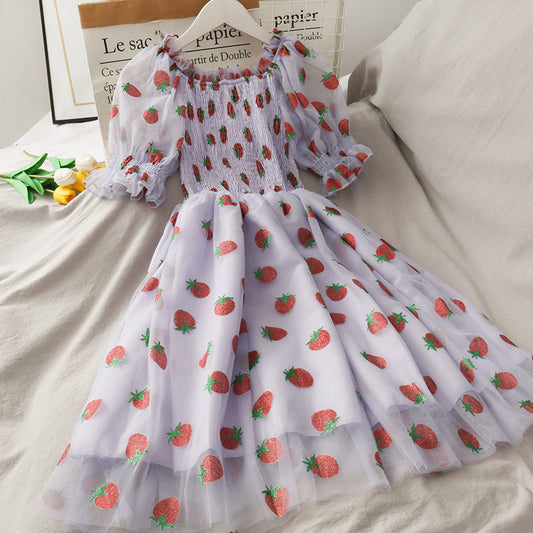 Sixsr Strawberry Dress Women French Style Lace Chiffon Sweet Dress Casual Puff Sleeve Elegant Printed Kawaii Dress Women New