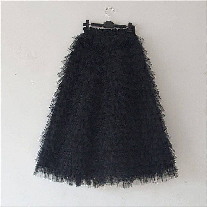 sixsr jupe femme ete Spring Party Skirt Elastic High Waist Long Tulle Skirt Women Multilayer ruffles Pink Mesh Tutu Skirt Ladies