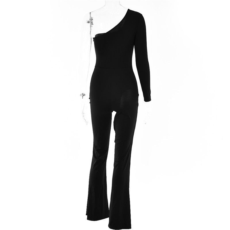 Patchwork Diamond Fishnet Bodycon Women Jumpsuit Black One Shoulder Long Sleeve Jumpsuit Lady Sexy Evening Party Clothes