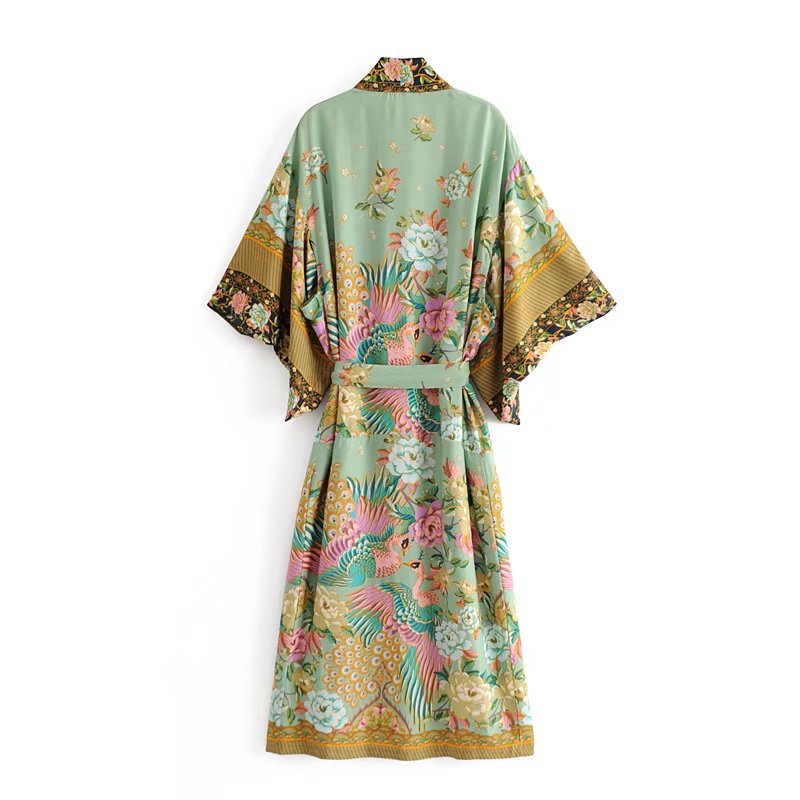 Sixsr women peacock floral print bat sleeve beach Bohemian Kimono robe Ladies V neck Tassel Summer happie dress vestidos
