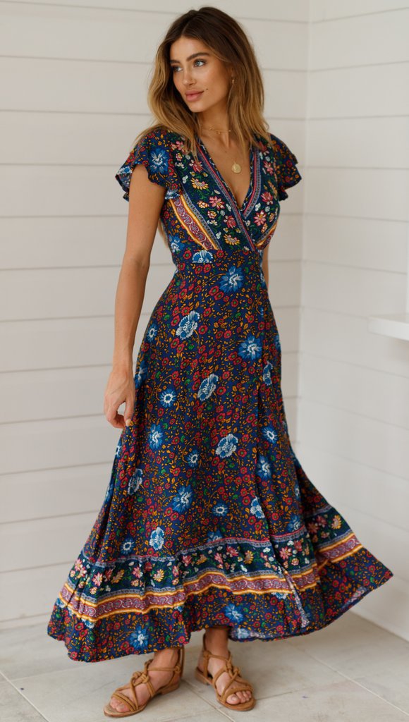Sixsr Summer Women Dress Indie Folk Women Sexy Printed Bow Holiday Beach Wrap Dresses V-Neck Boho Dress Elegant Party Sundress