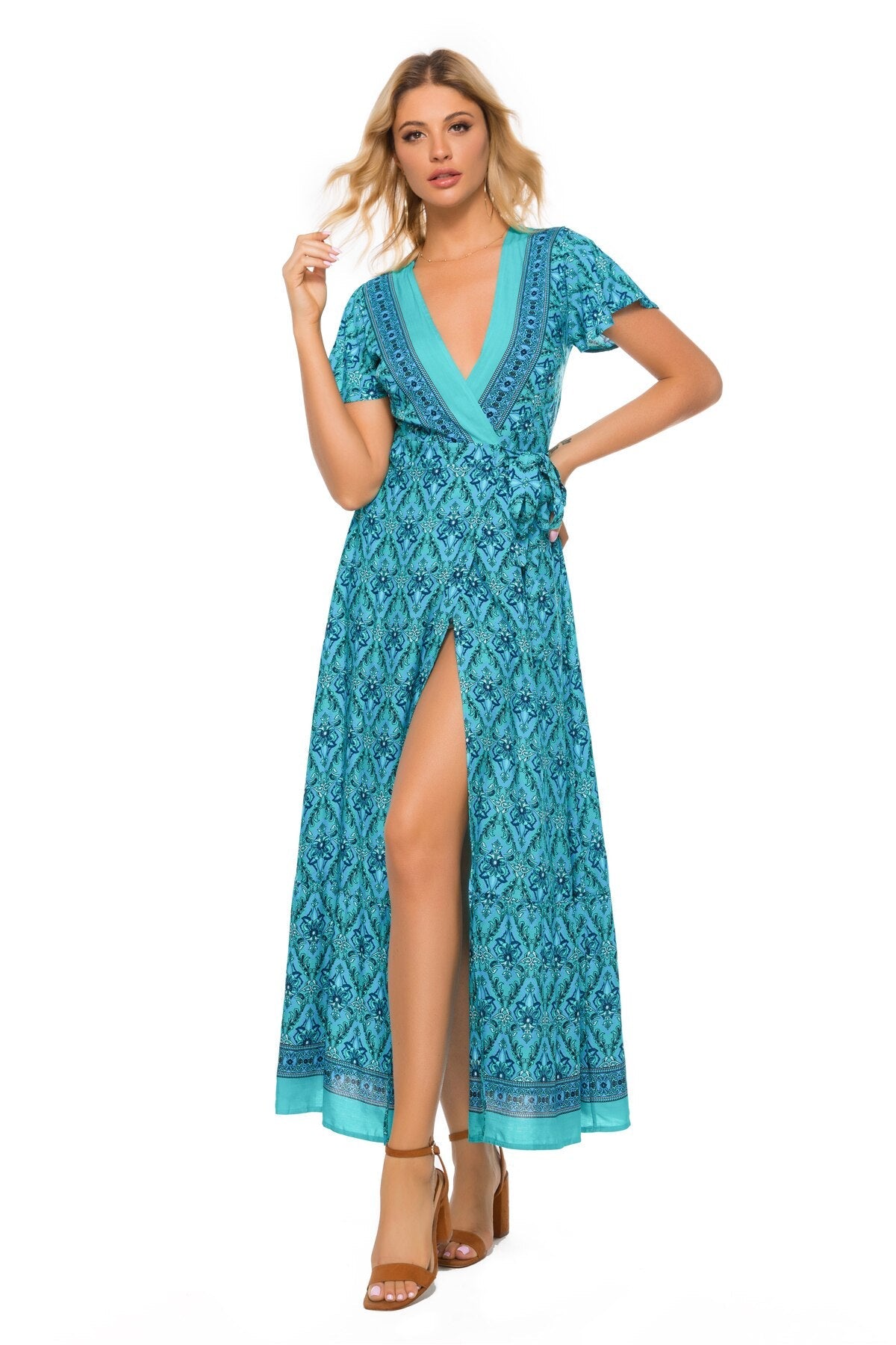 Sixsr Vintage chic vestidos women Floral print bat sleeve beach long Bohemian maxi dress Ladies sexy V neck Summer Boho happie dress