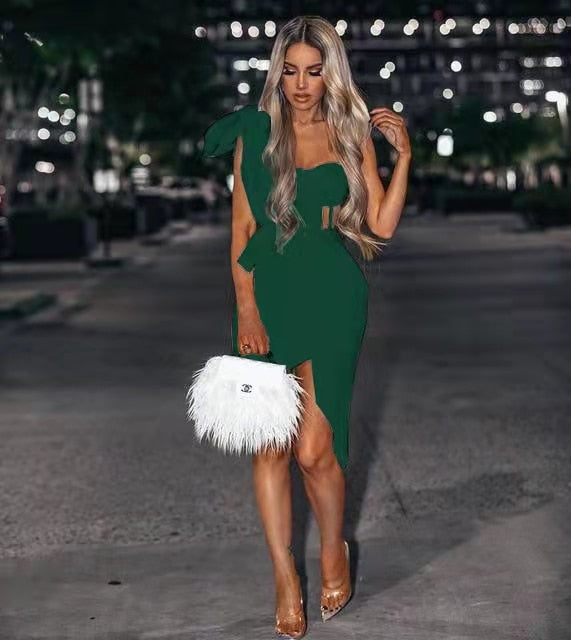 sixsr New Summer Fashion Women Bodycon Dress One Shoulder Bow Mesh Ruffle Sleeveless Bandage Dress Celebrity Party Evening Sexy