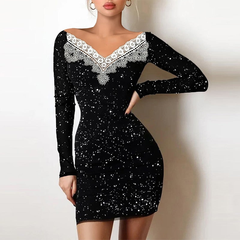 Sixsr Spring Off Shoulder Splicing Lace Dress Sexy Slim-Fit Bright Silk Bag Hip Black Dress Fashion Elegant Women New Mini Party Dress