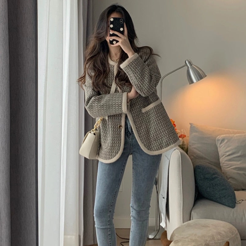Sixsr Autumn Winter Korean Fashion Casual Plaid Tweed 2 Piece Set Women Jacket Coat + Mini Skirt Suits Female Vintage Two Piece Sets