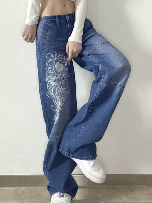Sixsr New Printed Baggy Y2K Jeans Women's Low Waist jeans Autumn Winter Oversize Wide Leg Baggy Pants Casual Cargo Trousers