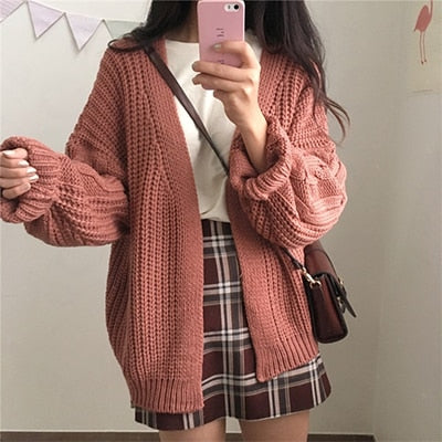 Sixsr New Autumn Knit Sweater Women Fashion Harajuku Loose Warm Cardigan Women College Casual Long Sleeve Winter Coat