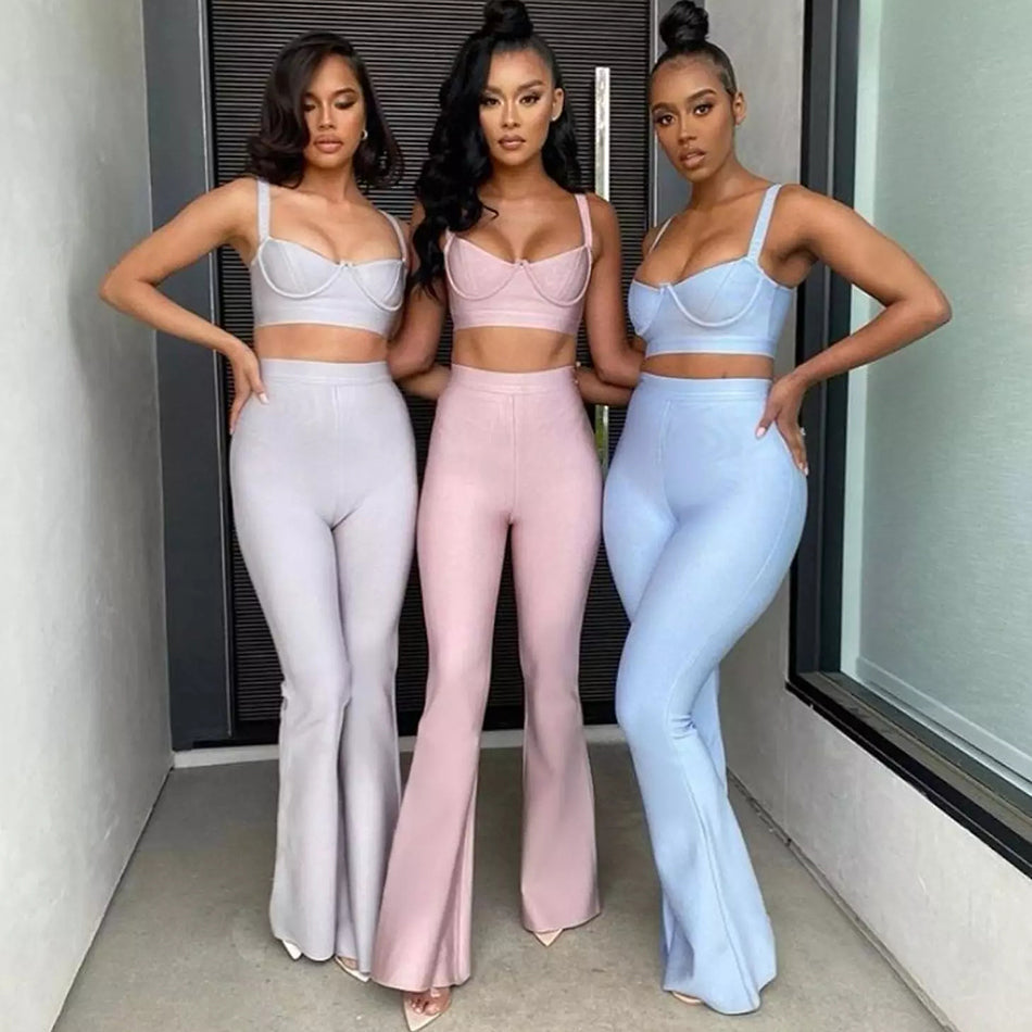 sixsr Set 2 Pieces Strap Sleeveless Bustiers And Long Bell-Bottoms Trousers Sexy Celebrity Party Sheath Vestidos Dobanmbd