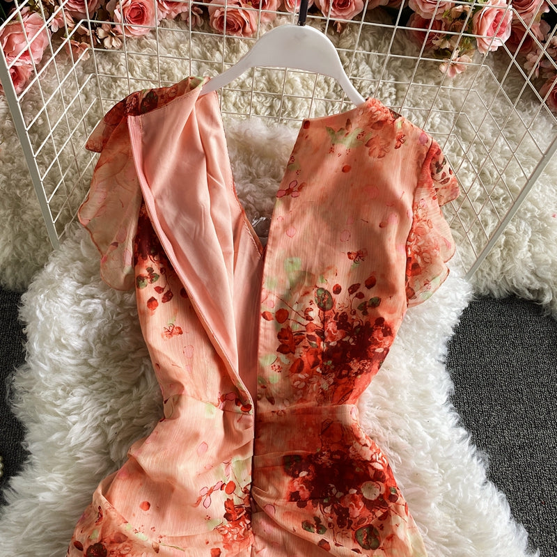 Vintage V-Neck Printed Chiffon Drawstring Mermaid Midi Dress Women Elegant High Waist Ruffle Vestidos Fashion Spring Summer