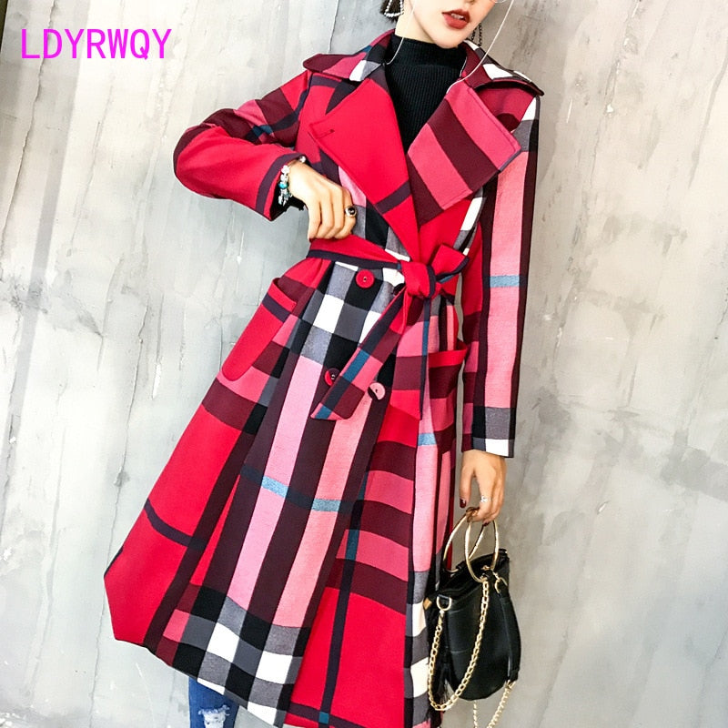 Sixsr  Thickened autumn and winter new women's lapels in the long simple color matching retro plaid coat temperament windbreaker