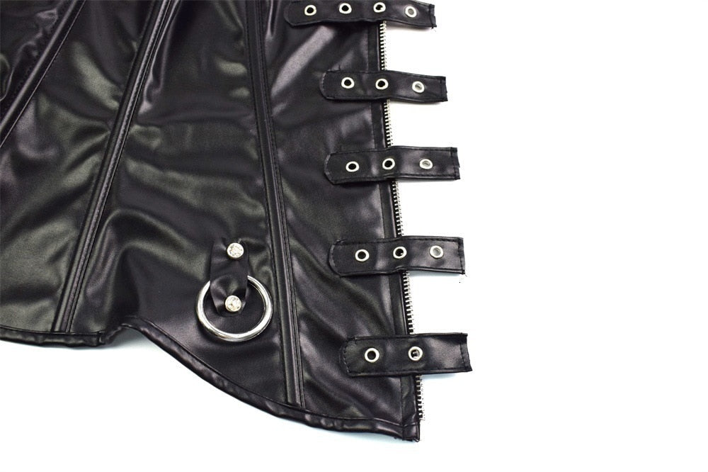Faux Leather Corset Top Shoulder Strap Corselet Black Zipper Buckled Bustier Waist Trainer Vest Corset Overbust Women Steampunk