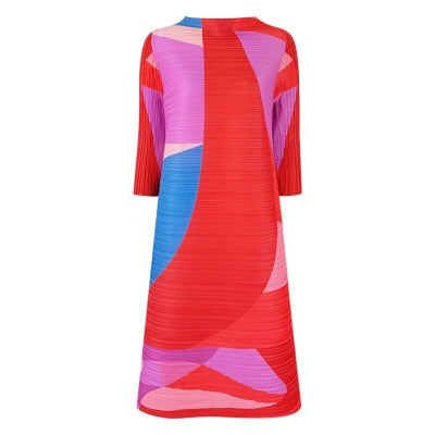 sixsr Pleated Dress Women Hit Color Geometric With Belt Sashes Over Size Long Sweet Casual New Spring Fashion Tide