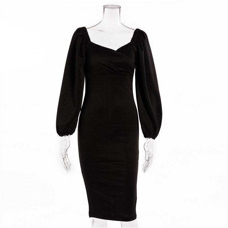 sixsr Midi Night Dress Women Long Puff Sleeve A-LINE Ruffled Backless Bodycon Sexy Dress Autumn Winter Elegant Office Lady Prom