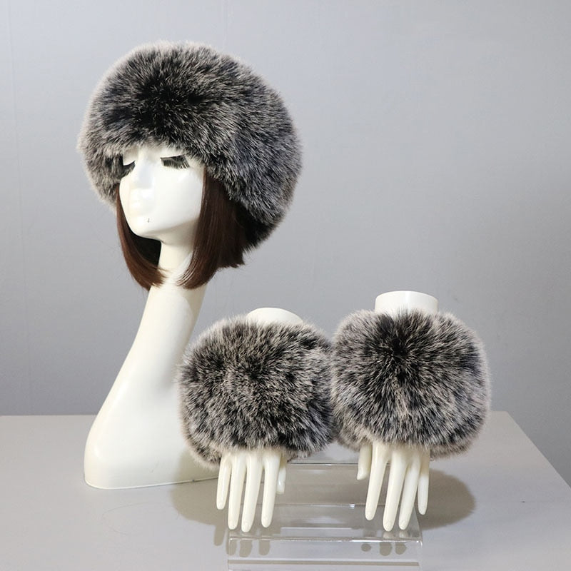 Sixsr New Autumn Winter Caps Female Hats Cuffs Set Fashion Warmth Imitation Quality Design Faux Fur Hat Fox Fur Sleeves Suit Accessary