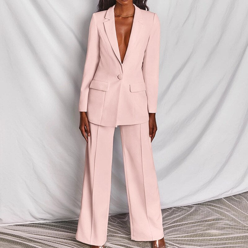 Sixsr Women's Coats Blue Long Sleeves Workwear Outfits Female Solid Office Formal Chic Pockets Summer pants Sets Conjunto Femenino
