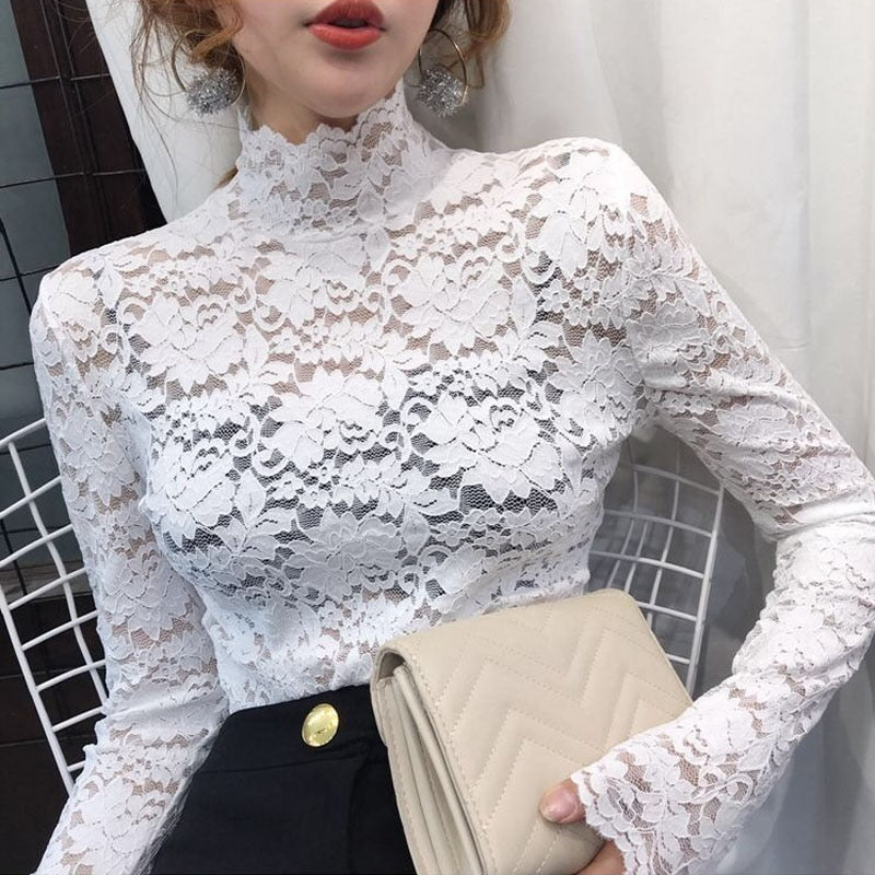 Sixsr gifts for women Plus Size Women Lace Blouses Shirts Sexy Hollow Out Long Sleeve Solid Blouse Lady Elegant Floral Embroidery Elastic Shirt Tops