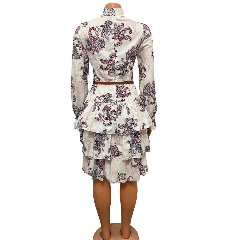 Sixsr Women Printed Dresses Long Sleeves Bowtie Cake Dress Female Ruffles Pleated Africn Fashion Lovely Date Sweet Vestidos Plus Size