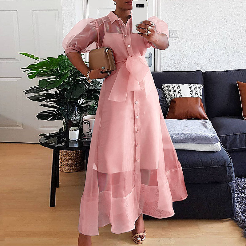 Sixsr African Women See Through Party Dresses Sexy Plus Size Maxi Cover Up Dress Lantern Sleeve Cardigan with Belt Fashion Spring