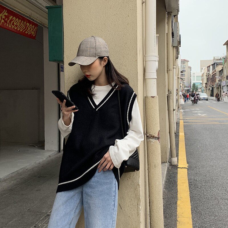 Sixsr Casual Student Sleeveless Female Vintage Vest New Women Vest Simple All-match Patchwork Korean V-neck Knitted Sweater 17501