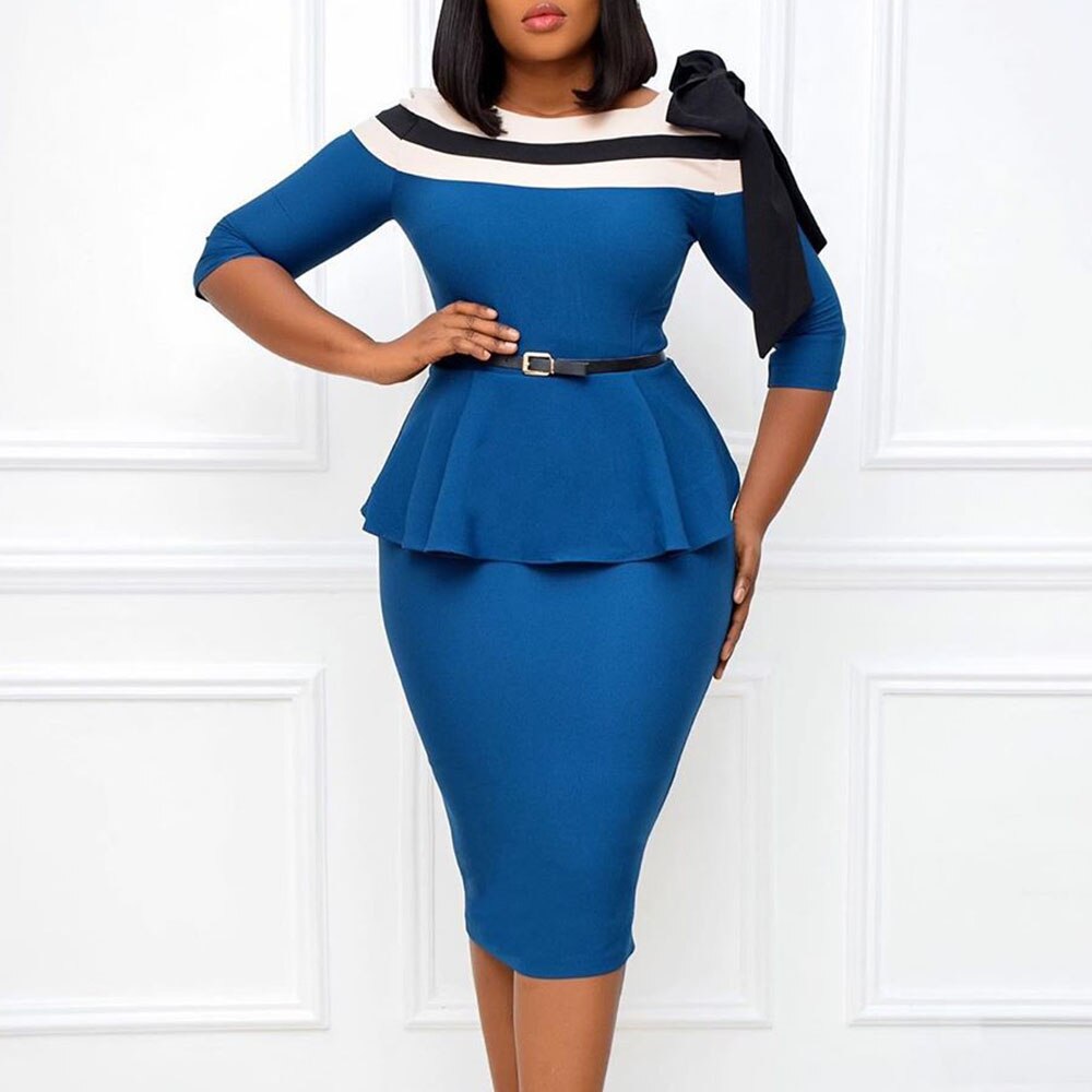 Sixsr puff sleeve women patchwork dress autumn bodycon dresses elegant office lady work midi dresses femme vestiods plus size 4xl