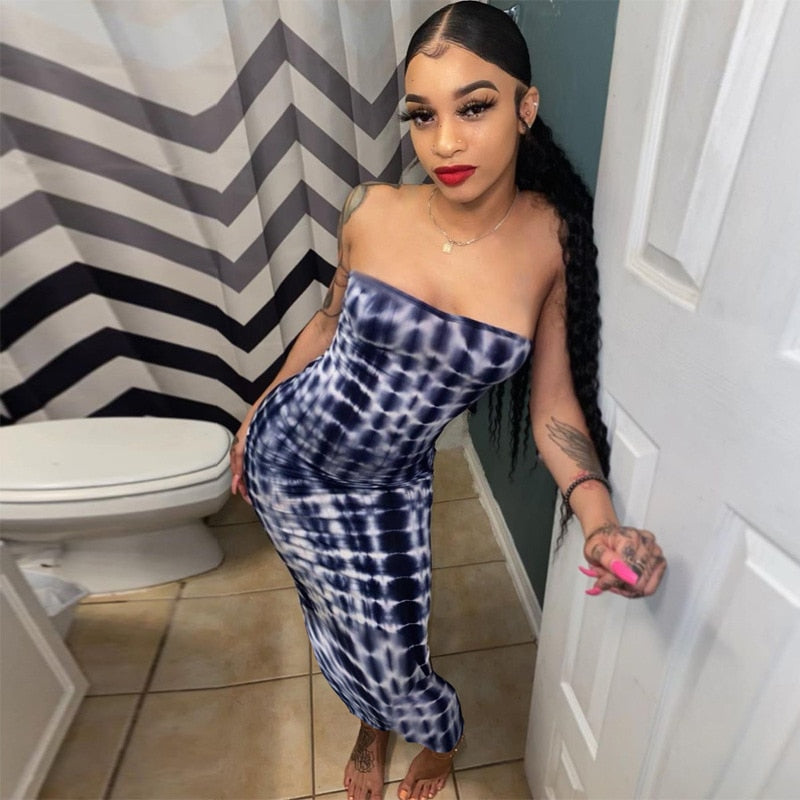 Sixsr Stripe Tie Dye Print Sexy Maxi Dress Spring Casual Long Dress Women Nightclub Long Sleeve Bodycon Dresses C70CC31