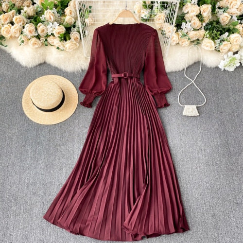 Sixsr Vintage Women Pleated Long Dress Female Elegant Lantern Long Sleeve High Waist Red/Purple Draped Maxi Vestidos Spring Autumn New
