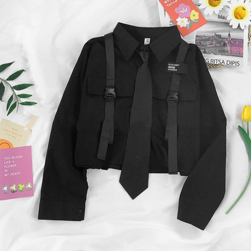 sixsr Spring Outfits Trends Harajuku Women Shirts And Blouses Feminine Tie Pocket Top Casual White Turn-down Collar OL Style Female Blouses Streetwear