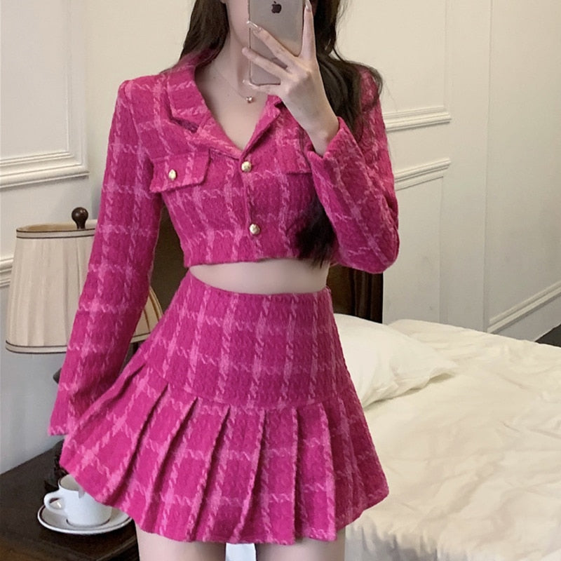 Sixsr High Quality Fall Small Fragrance Vintage Tweed Two Piece Set Women Crop Top Woolen Short Jacket Coat + Mini Skirts Sets Sweet 2 Piece Suits