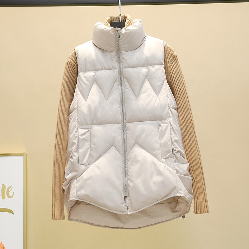 Sixsr Autumn Winter Down Cotton Soild Women's Vest Short Style New Slim Fashion Stand-up Collar White Jacket Sleeveless Vest