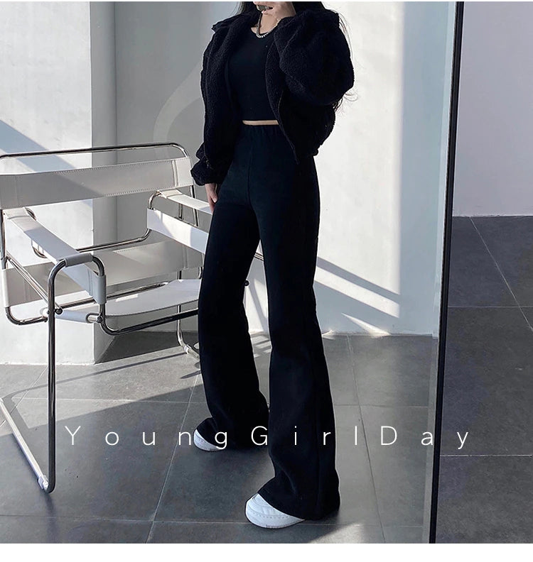Sixsr New High Street Elastic Waist Solid Color Flare Pants For Women Spring Autumn Thick Casual Female Trouser BSXM new years eve outfits women