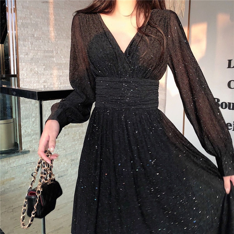 Sixsr Women Dress Autumn V-Neck Long Sleeve Shiny Midi Dress A-Line Evening Night Party Elegant Dress Red Black Pink vestidos
