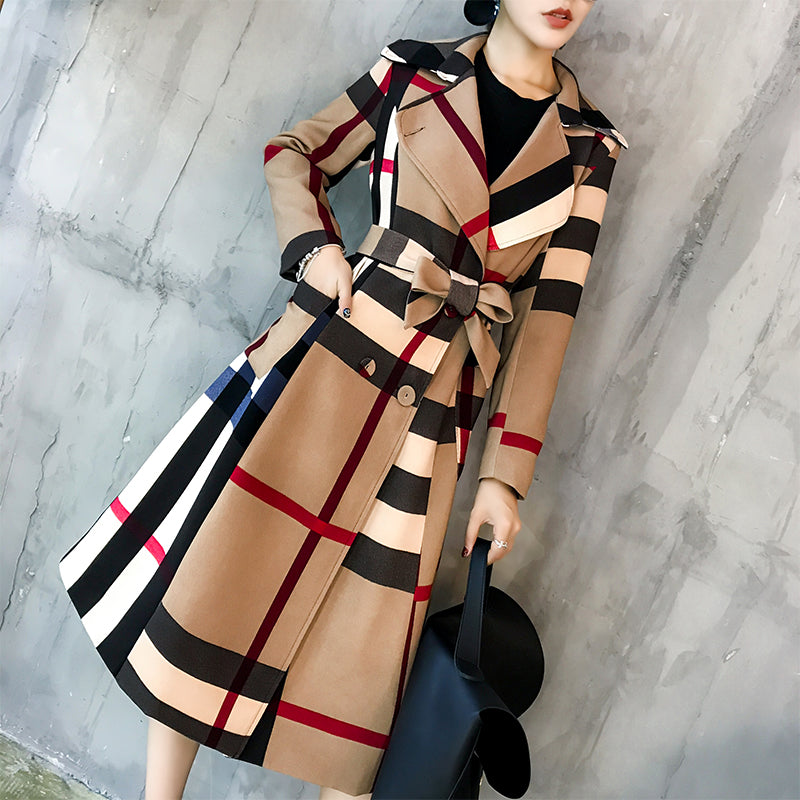 Sixsr  Thickened autumn and winter new women's lapels in the long simple color matching retro plaid coat temperament windbreaker