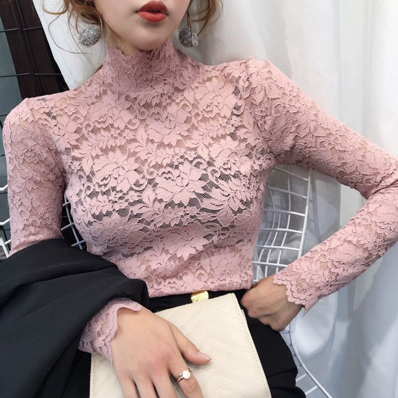 Sixsr gifts for women Plus Size Women Lace Blouses Shirts Sexy Hollow Out Long Sleeve Solid Blouse Lady Elegant Floral Embroidery Elastic Shirt Tops
