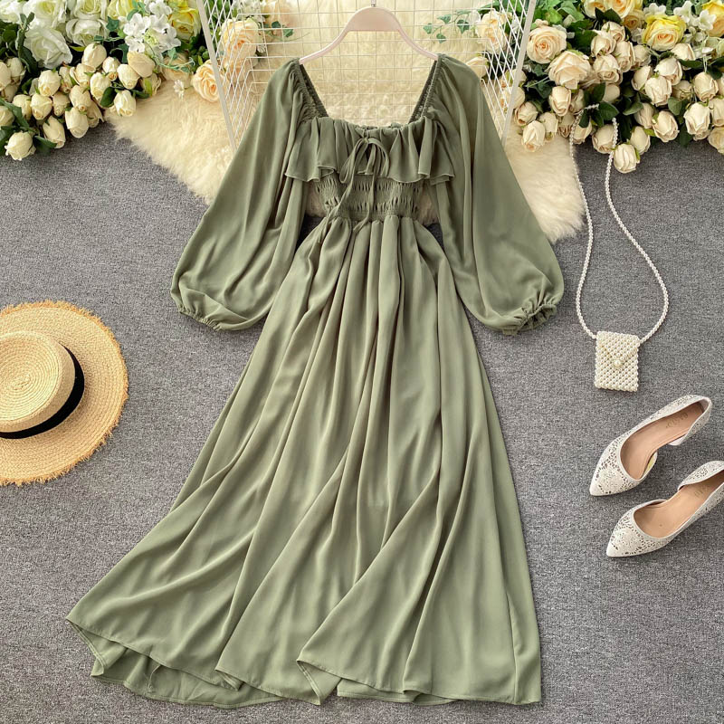 Sixsr Woherb Chic Elegant Square Collar Maxi Dress Women Solid Chiffon Puff Sleeve Dresses Korean Fashion Vintage Ruffle Vestidos