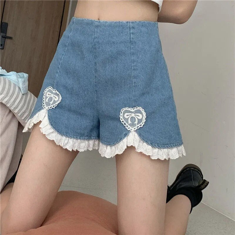 sixsr Summer Outfits  Trends Cute Lolita Girls Denim Shorts Japanese Sweet High Waist Lace Irregular Women's Shorts S-4XL Summer Kawaii Sexy Blue Shorts