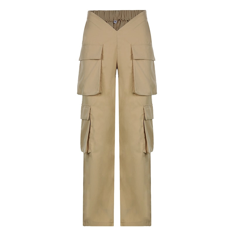 Vintage Y2k Cargo Pants Women Elastic High Waist Big Pockets Baggy Casual Capris Aesthetic Autumn Jogger Sweatpants