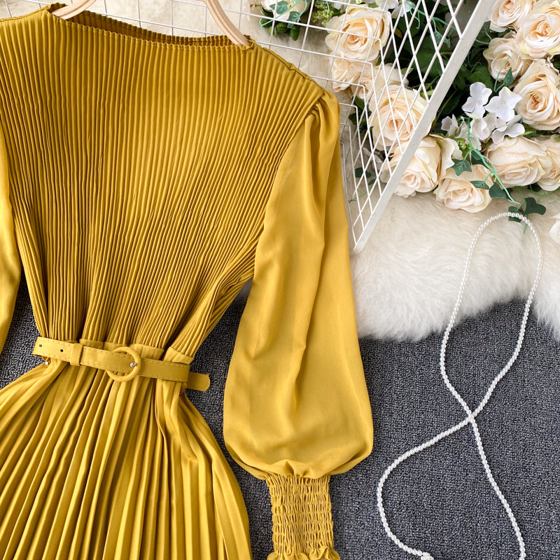 Sixsr Vintage Women Pleated Long Dress Female Elegant Lantern Long Sleeve High Waist Red/Purple Draped Maxi Vestidos Spring Autumn New